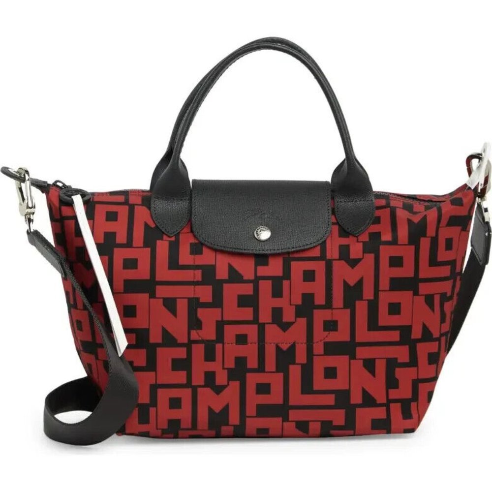 NWT LONGCHAMP Le Pliage LGP Small Crossbody Satchel Bag BLACK Red AUTHENTIC
